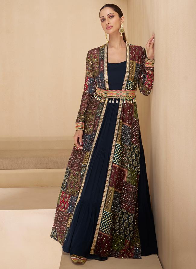 Georgette Multi Colour Festival Wear Embroidery Work Readymade Gown With Shrug